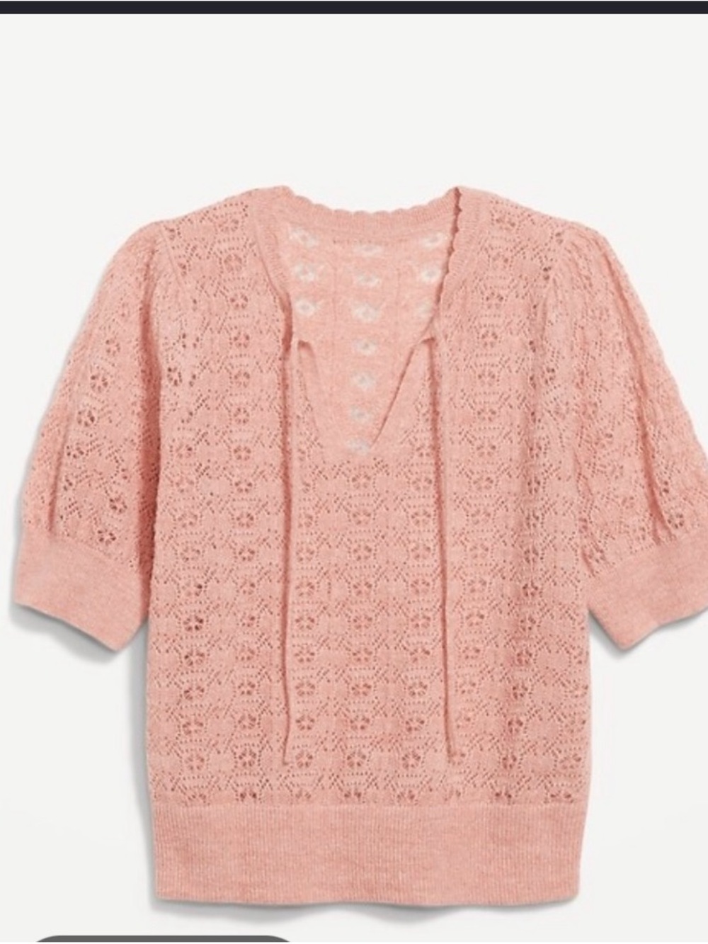 Old Navy Pink Pointelle Lace V-Neck Tie Short-Sleeve Sweater